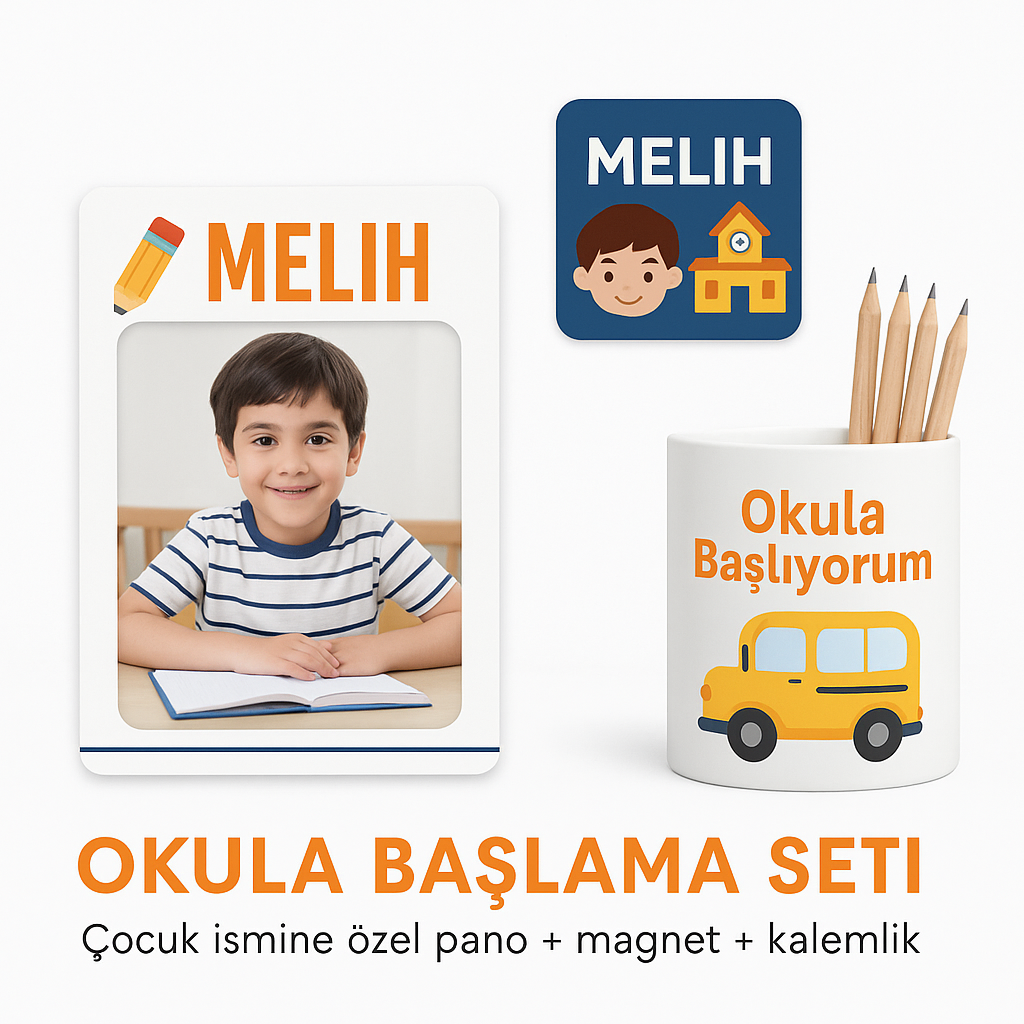 Okula Başlama Seti (İsimli Pano + Magnet + Kalemlik)