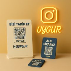 İşletmeler İçin Sosyal Medya Takip Seti (Neon Işıklı Duvar Yazısı + QR Pano + Magnet)
